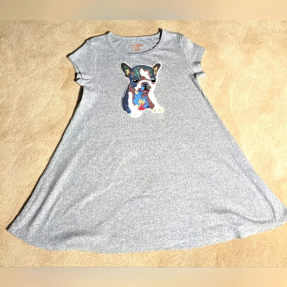 Girls Cat & Jack gray short‎ sleeve dress W/sequin puppy| size 7-8